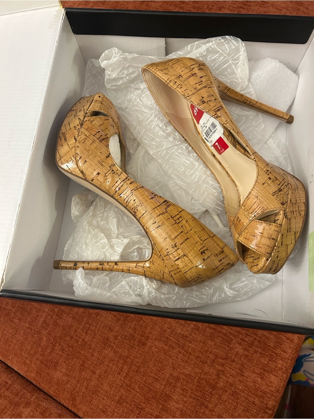 INC International Concepts Cork-Textured Peep-Toe Heels - Tan
